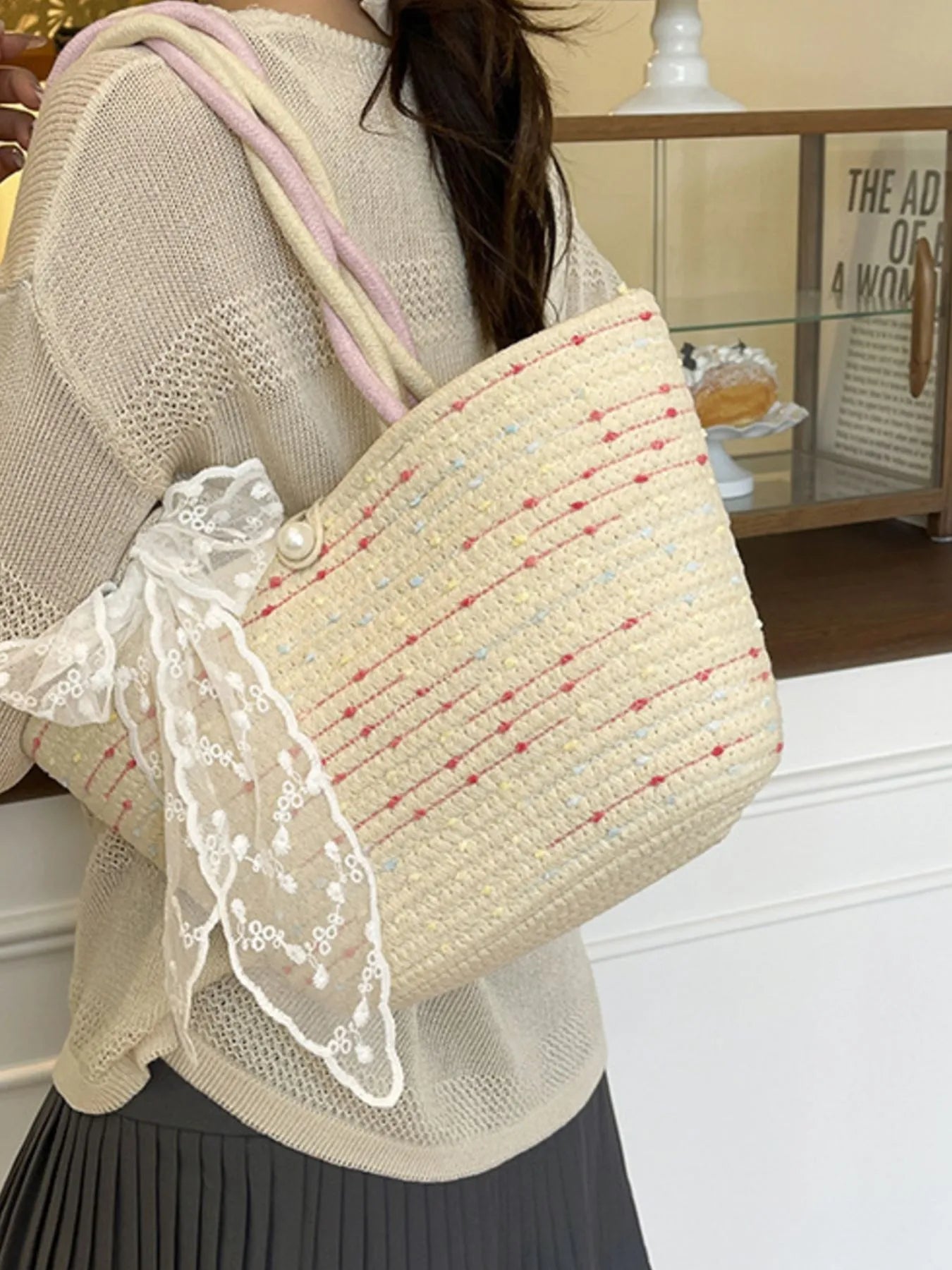 Woven Straw Shoulder Bag with Lace Bow Detail - Beige / One Size