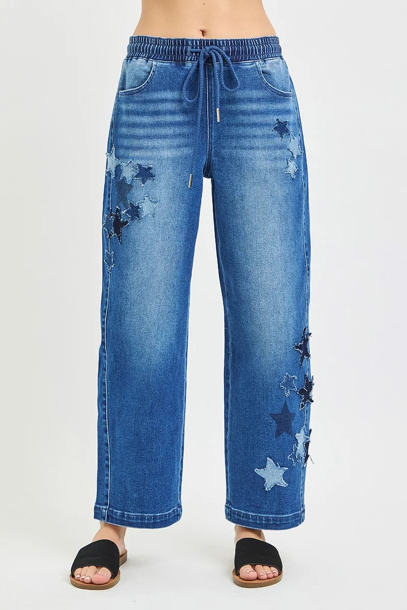RISEN Elastic Band Slouchy Cropped Barrel with Star Patch - DARK / S