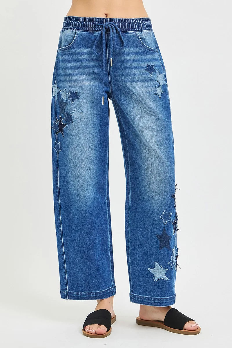 RISEN Elastic Band Slouchy Cropped Barrel with Star Patch - DARK / S