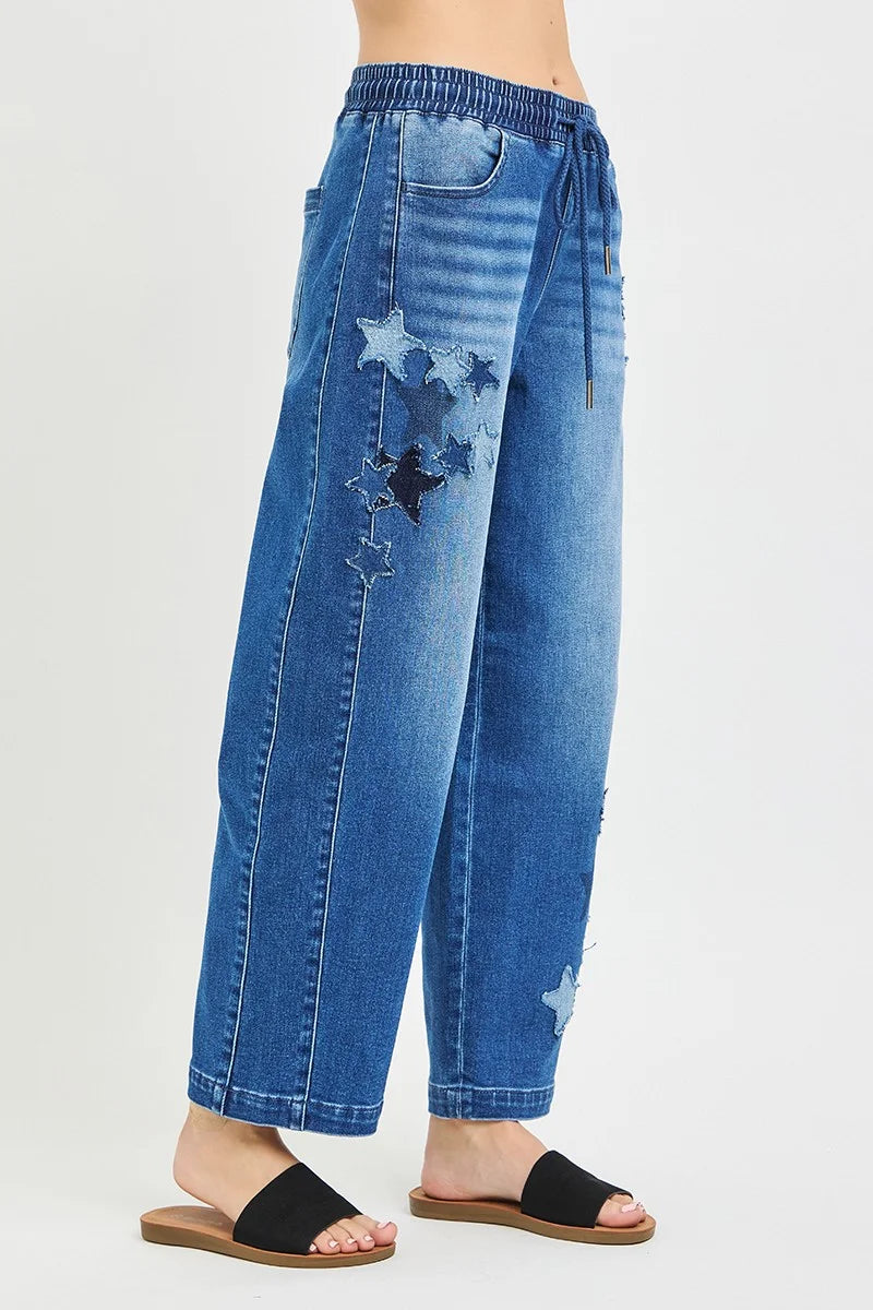 RISEN Elastic Band Slouchy Cropped Barrel with Star Patch - DARK / S
