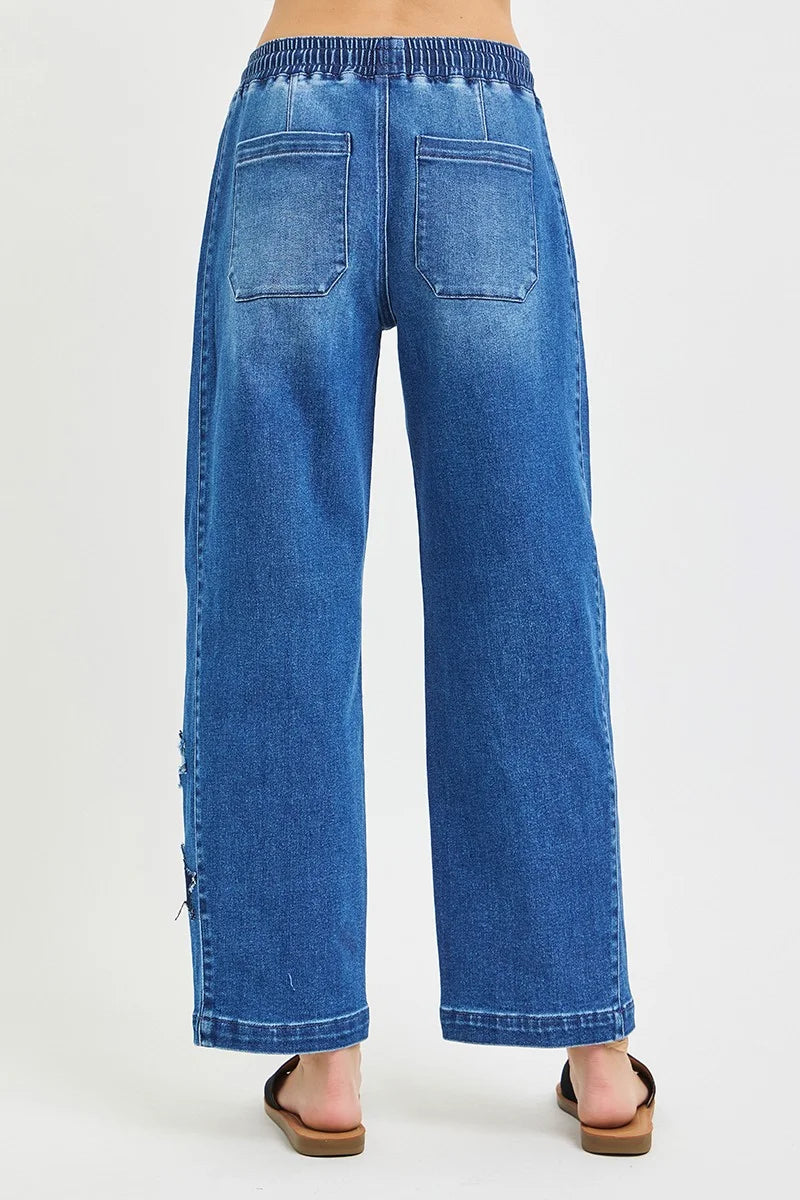 RISEN Elastic Band Slouchy Cropped Barrel with Star Patch - DARK / S