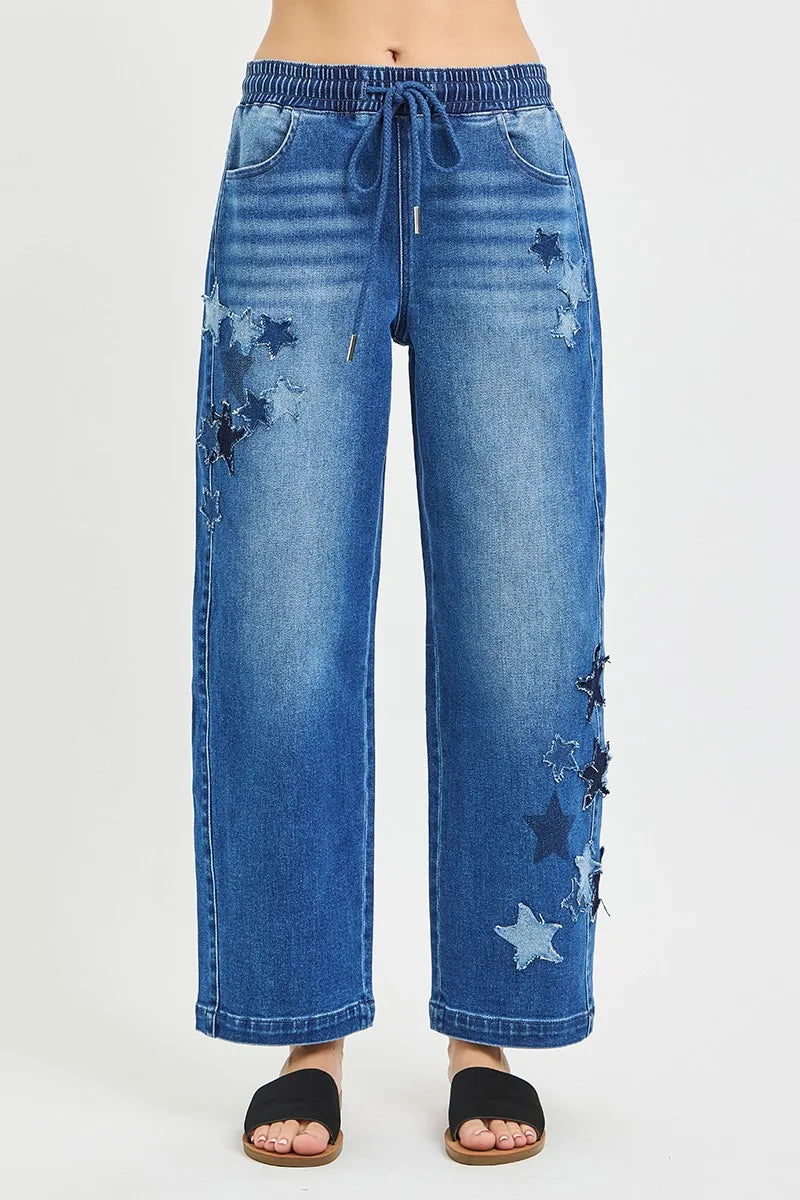 RISEN Elastic Band Slouchy Cropped Barrel with Star Patch - DARK / S