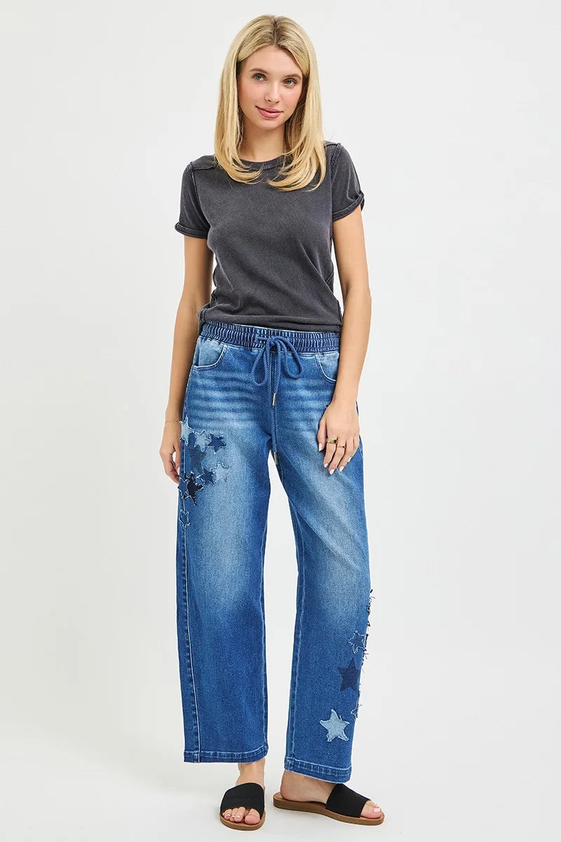 RISEN Elastic Band Slouchy Cropped Barrel with Star Patch - DARK / S