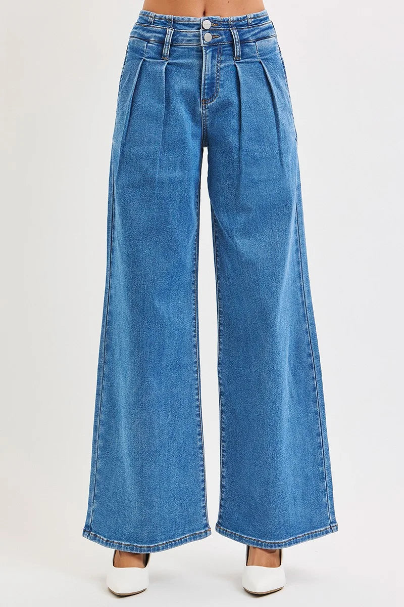 RISEN Full Size Mid Rise Fit Wide Leg with Pleated Detail Jeans Plus Size - MEDIUM / 0