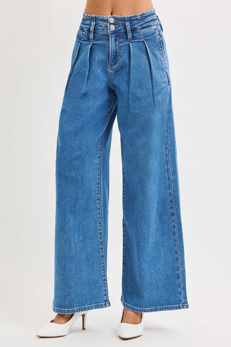 RISEN Full Size Mid Rise Fit Wide Leg with Pleated Detail Jeans Plus Size - MEDIUM / 0