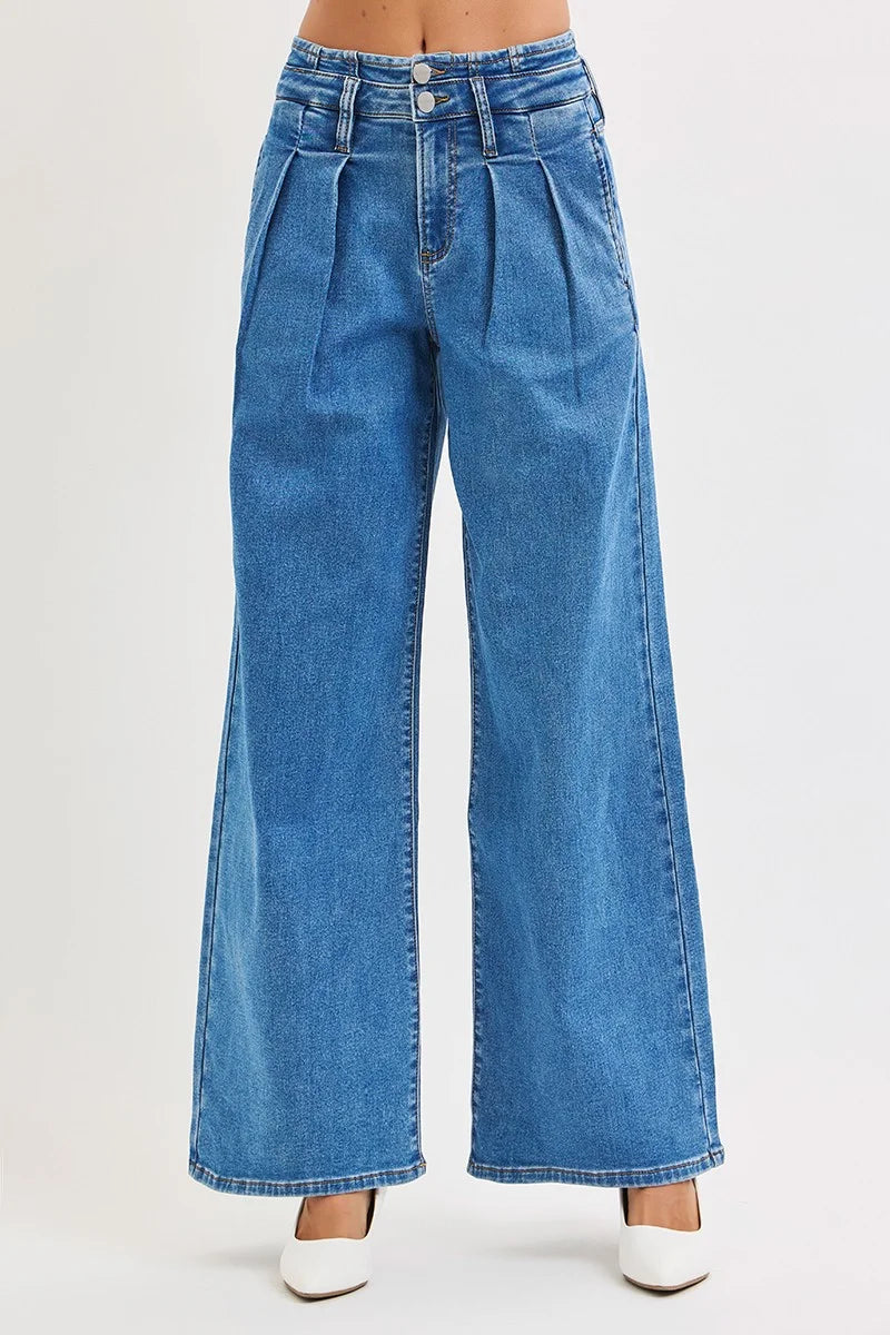 RISEN Full Size Mid Rise Fit Wide Leg with Pleated Detail Jeans Plus Size - MEDIUM / 0