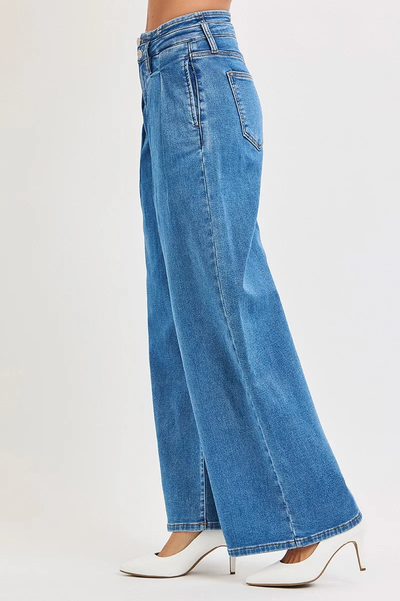 RISEN Full Size Mid Rise Fit Wide Leg with Pleated Detail Jeans Plus Size - MEDIUM / 0
