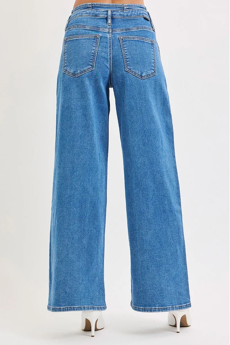 RISEN Full Size Mid Rise Fit Wide Leg with Pleated Detail Jeans Plus Size - MEDIUM / 0