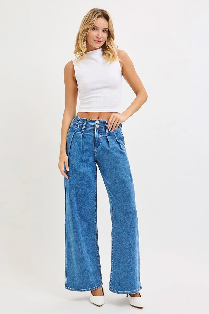 RISEN Full Size Mid Rise Fit Wide Leg with Pleated Detail Jeans Plus Size - MEDIUM / 0