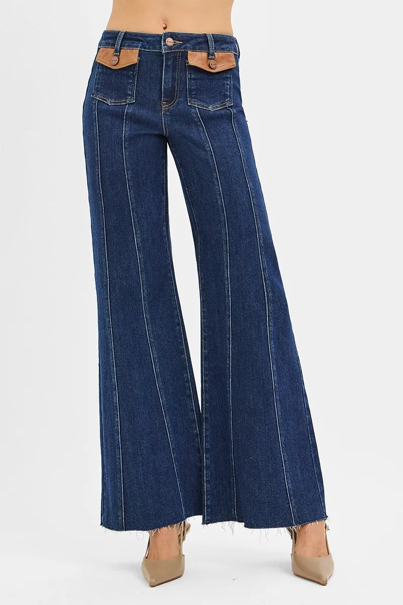 RISEN High Rise Wide Flare Jeans with Front Leather Pocket Detail - DARK / 0