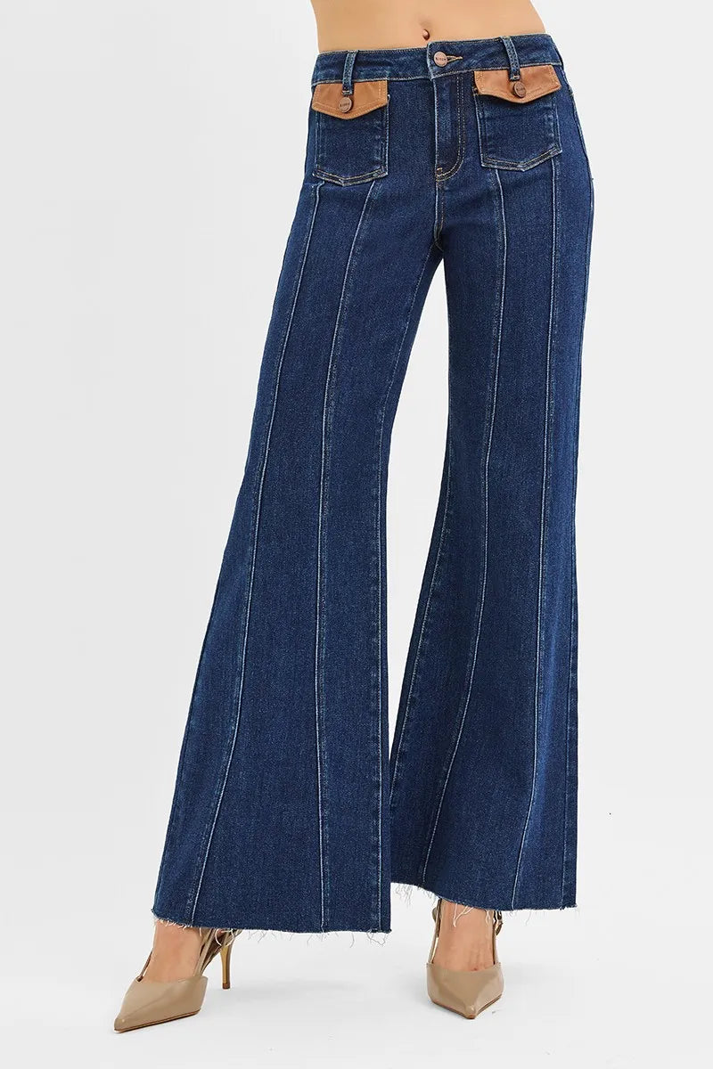 RISEN High Rise Wide Flare Jeans with Front Leather Pocket Detail - DARK / 0
