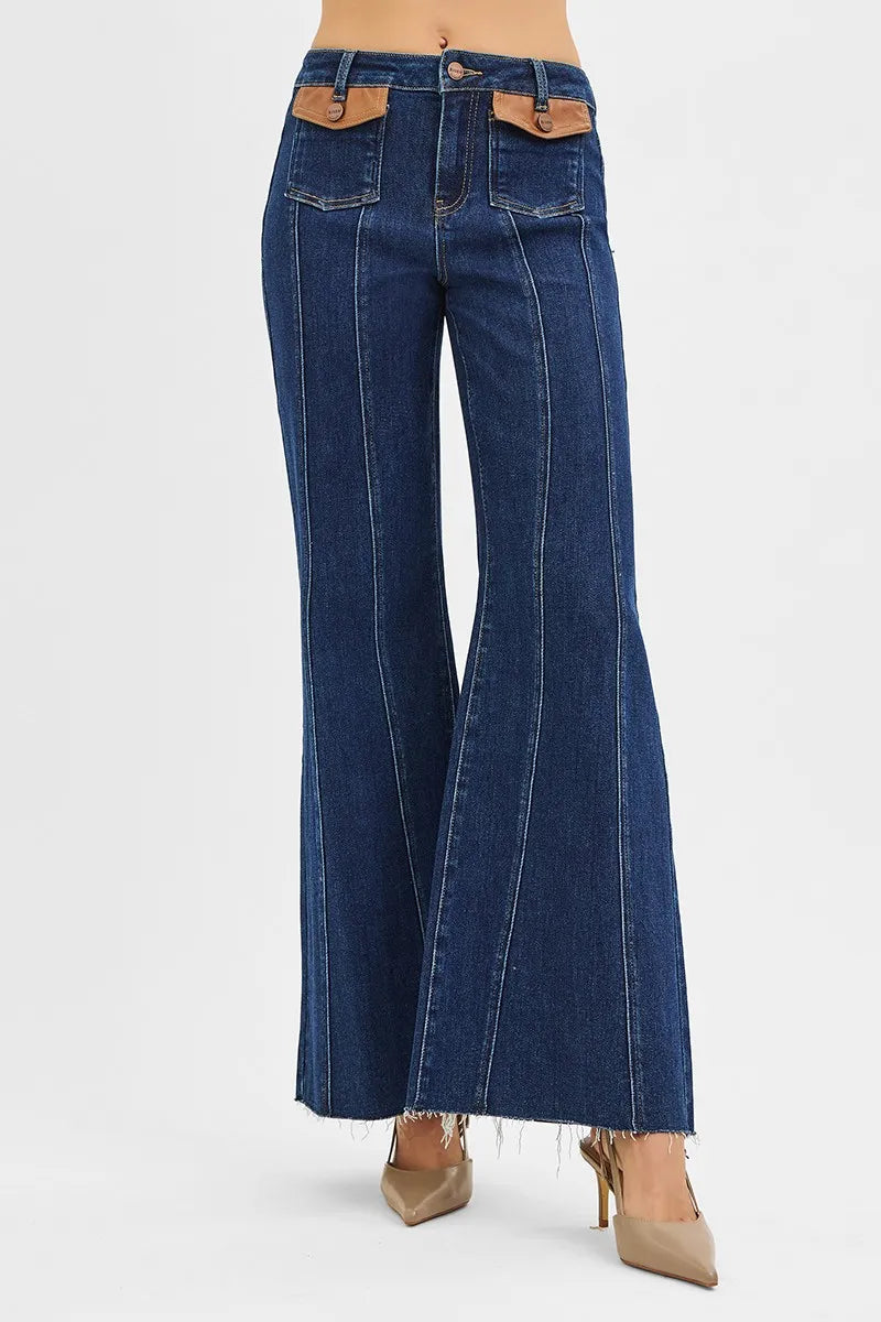 RISEN High Rise Wide Flare Jeans with Front Leather Pocket Detail - DARK / 0