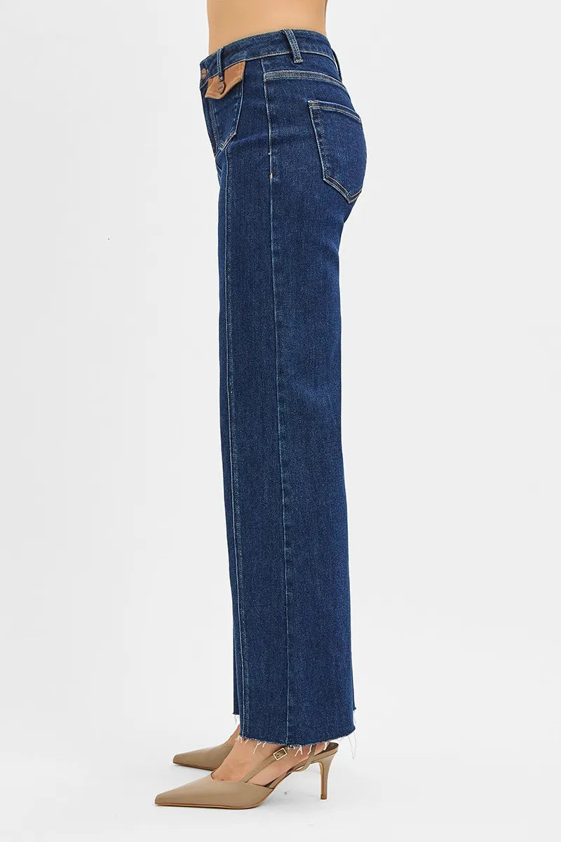 RISEN High Rise Wide Flare Jeans with Front Leather Pocket Detail - DARK / 0