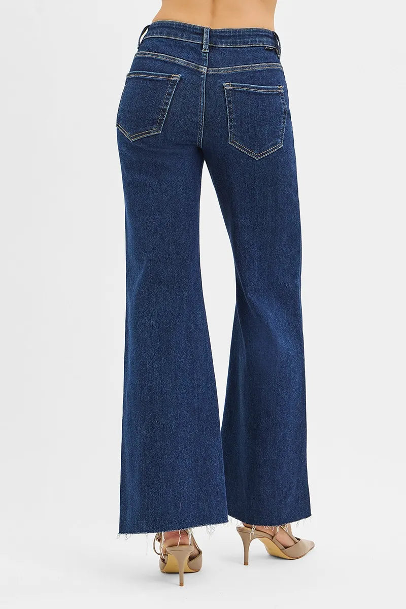 RISEN High Rise Wide Flare Jeans with Front Leather Pocket Detail - DARK / 0
