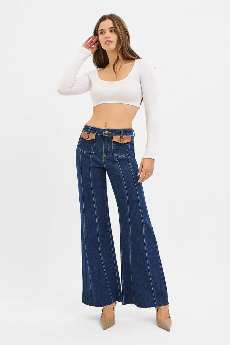 RISEN High Rise Wide Flare Jeans with Front Leather Pocket Detail - DARK / 0