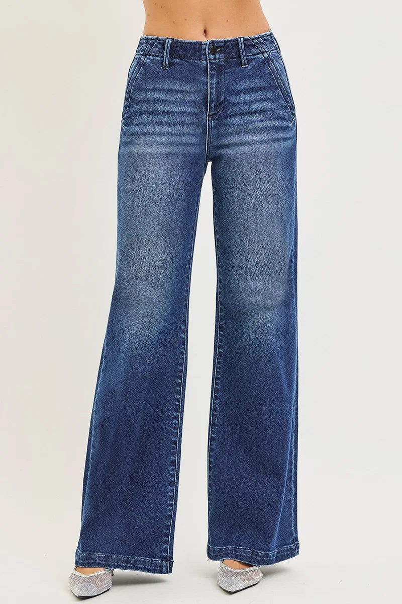 RISEN High Rise Wide Leg Slanted Pocket Jeans - DARK / 0