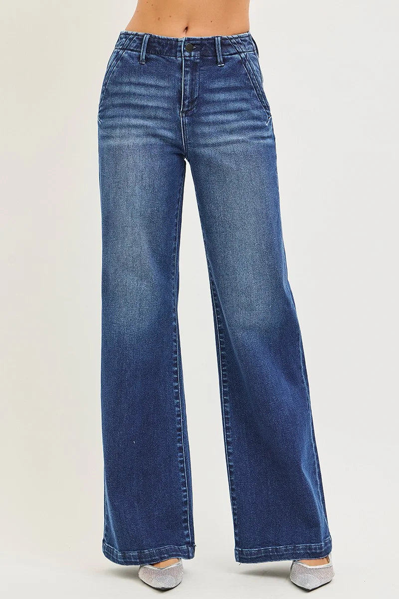 RISEN High Rise Wide Leg Slanted Pocket Jeans - DARK / 0