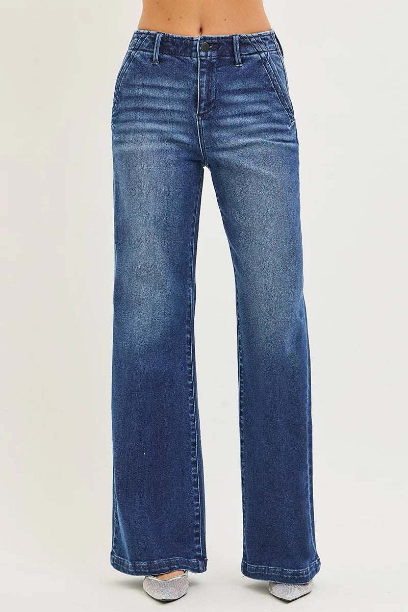 RISEN High Rise Wide Leg Slanted Pocket Jeans - DARK / 0