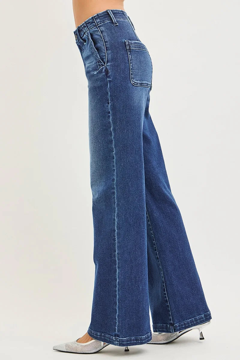 RISEN High Rise Wide Leg Slanted Pocket Jeans - DARK / 0