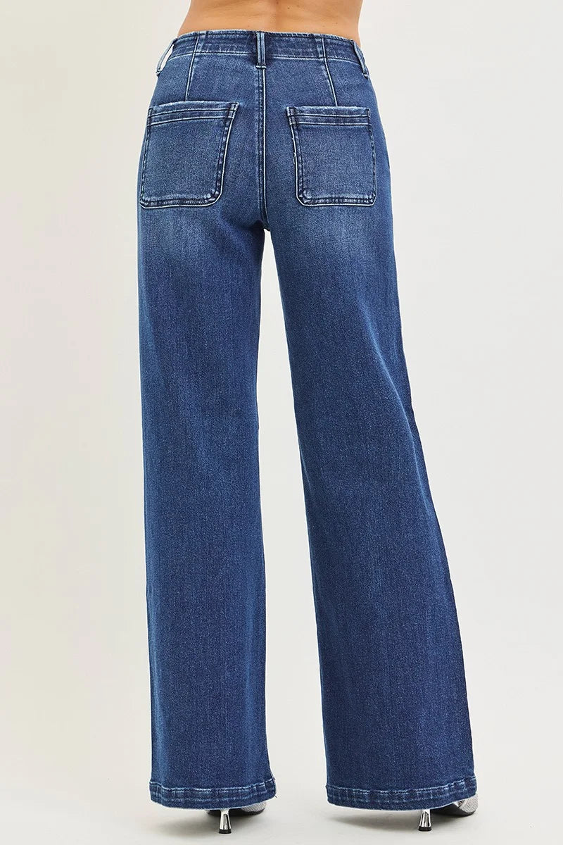 RISEN High Rise Wide Leg Slanted Pocket Jeans - DARK / 0