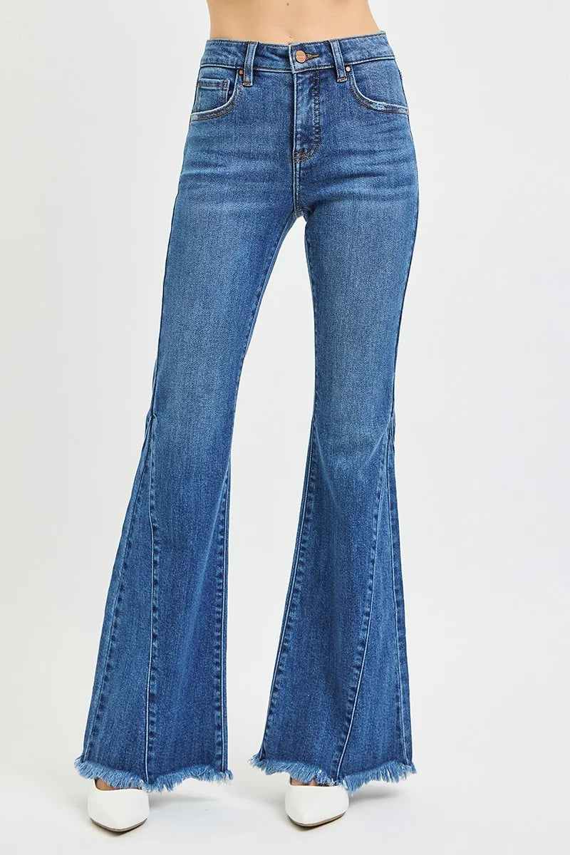 RISEN Mid Rise Flare Side Seam Detailing Jeans - DARK / 0