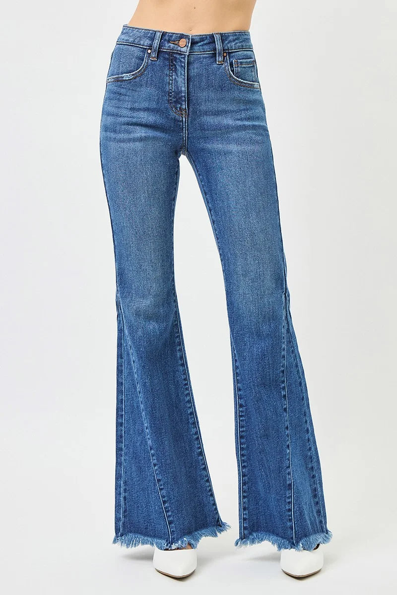 RISEN Mid Rise Flare Side Seam Detailing Jeans - DARK / 0