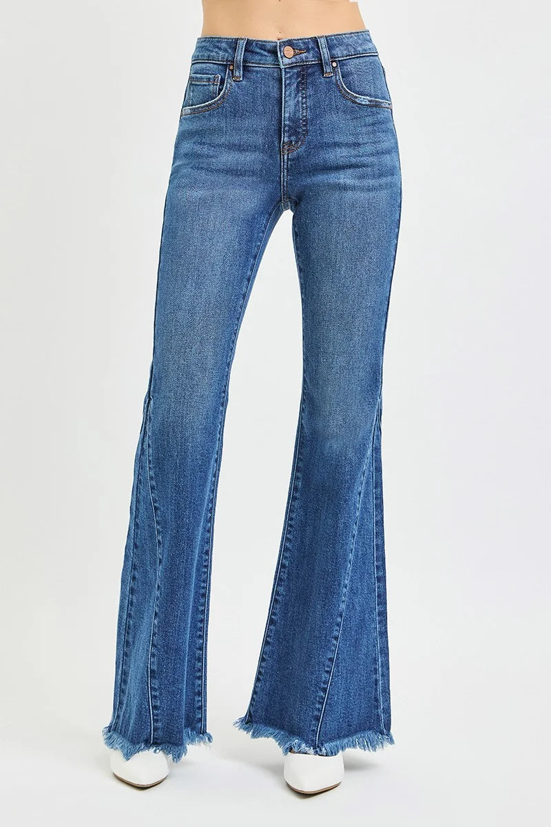 RISEN Mid Rise Flare Side Seam Detailing Jeans - DARK / 0