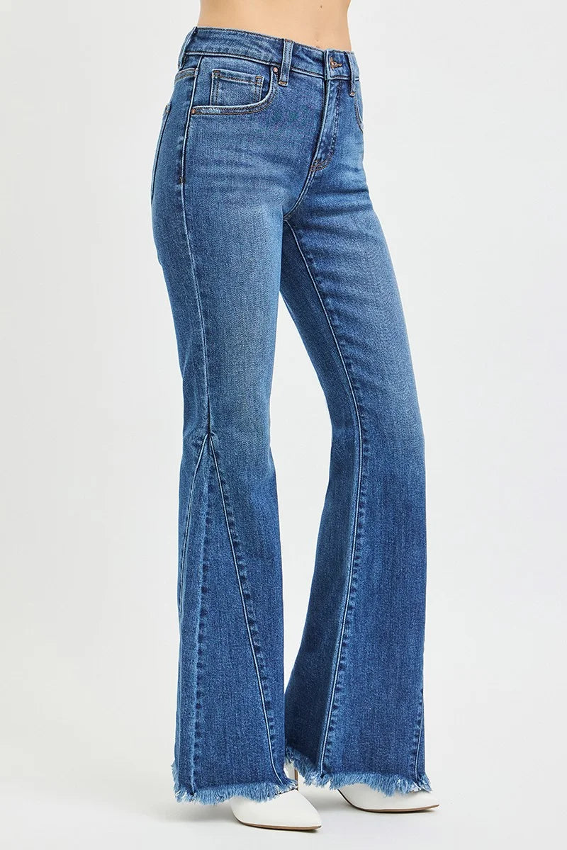 RISEN Mid Rise Flare Side Seam Detailing Jeans - DARK / 0
