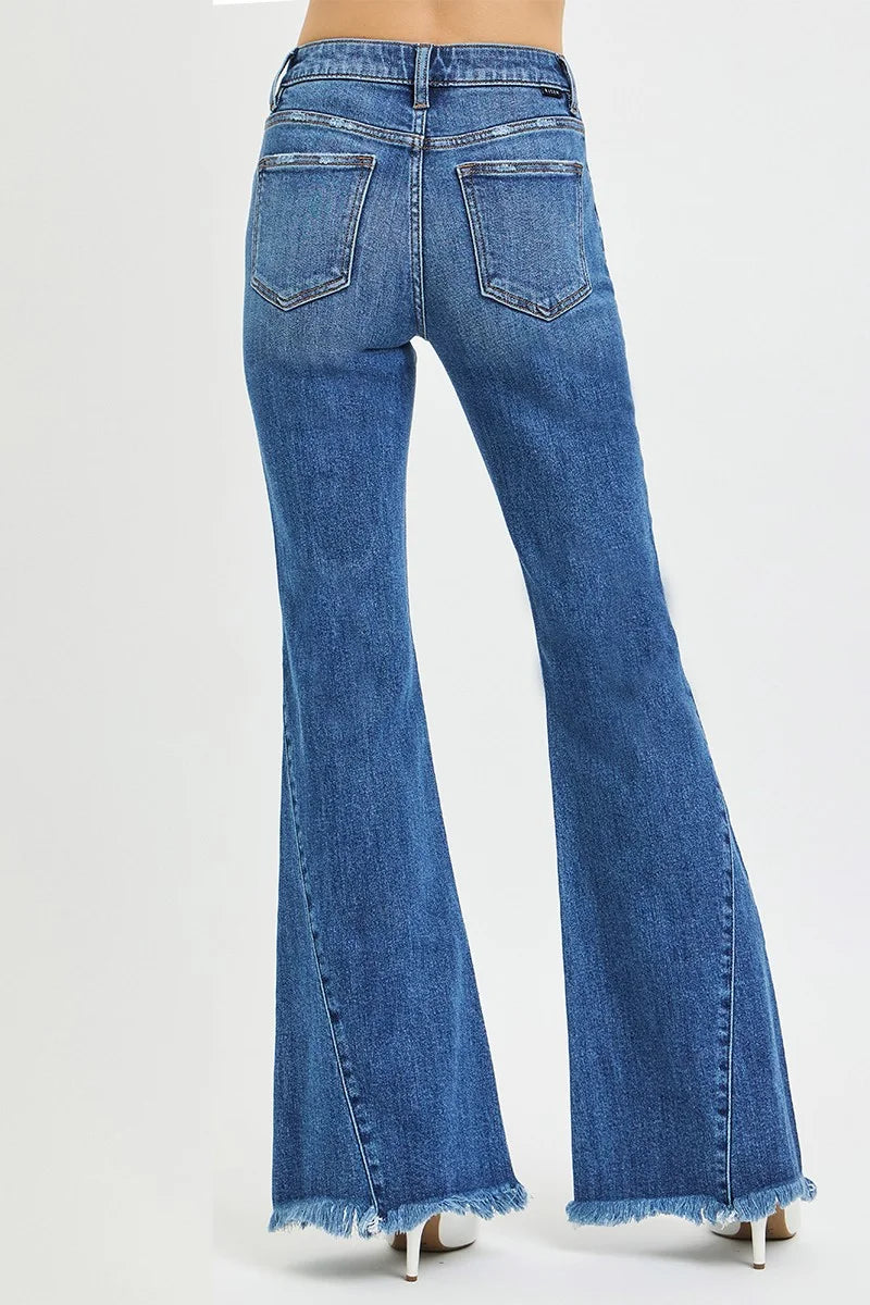 RISEN Mid Rise Flare Side Seam Detailing Jeans - DARK / 0