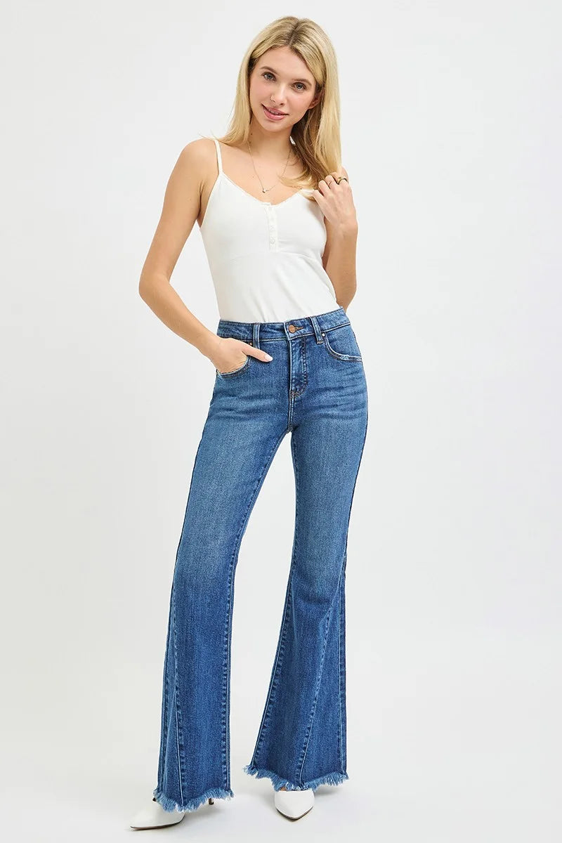 RISEN Mid Rise Flare Side Seam Detailing Jeans - DARK / 0