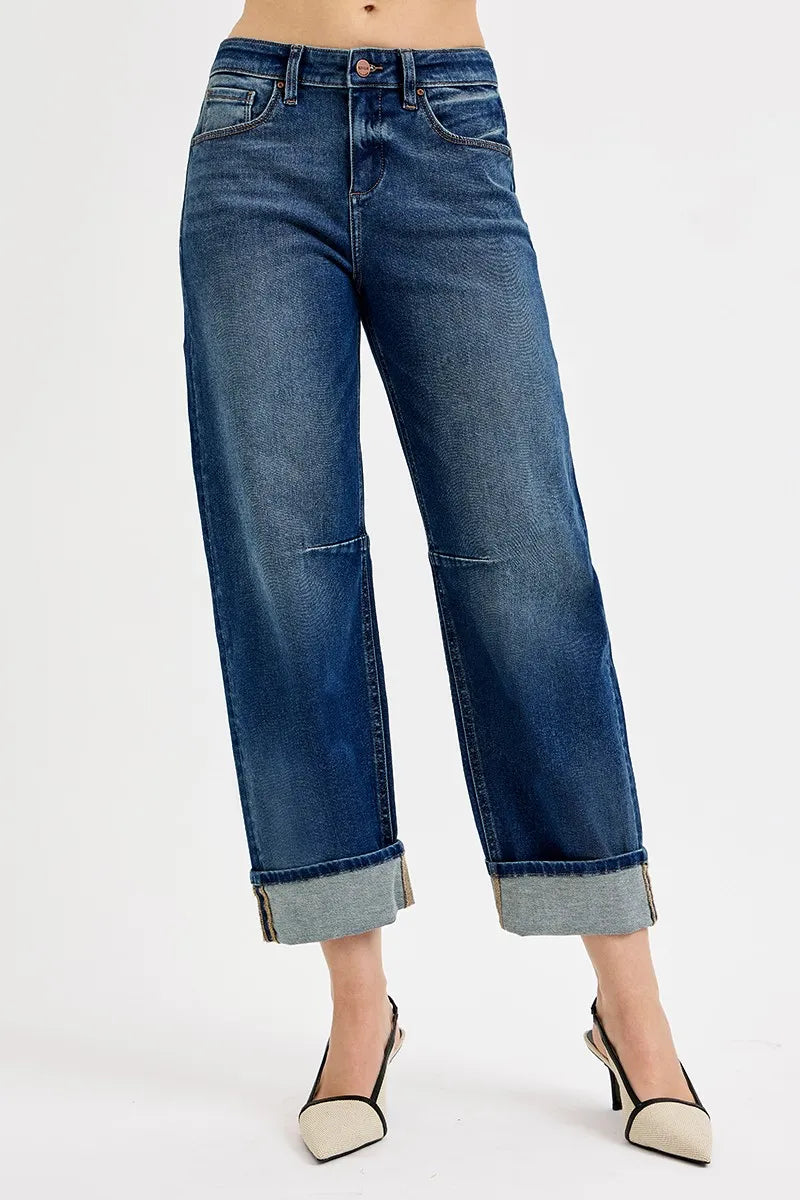 RISEN Slouchy Crop Barrel Cuffed Jeans - DARK / 0