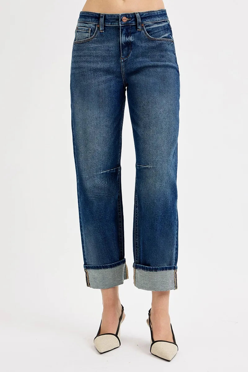 RISEN Slouchy Crop Barrel Cuffed Jeans - DARK / 0