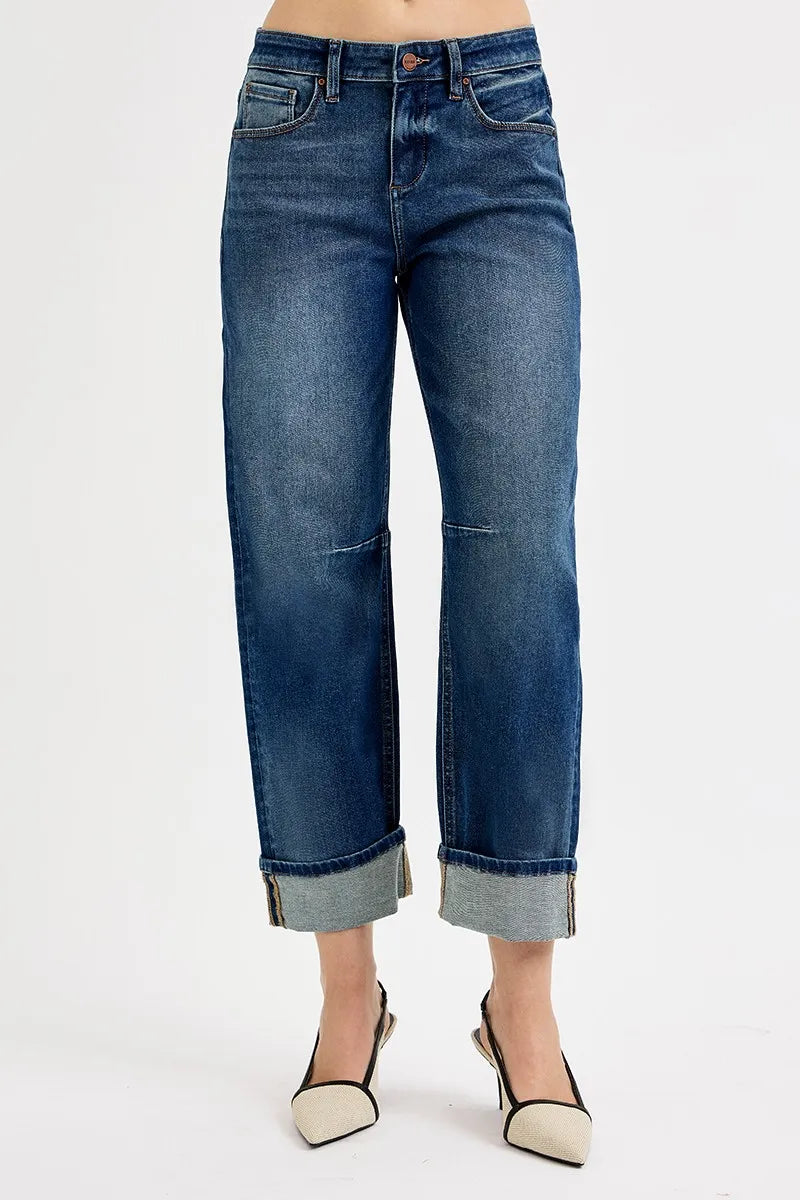 RISEN Slouchy Crop Barrel Cuffed Jeans - DARK / 0