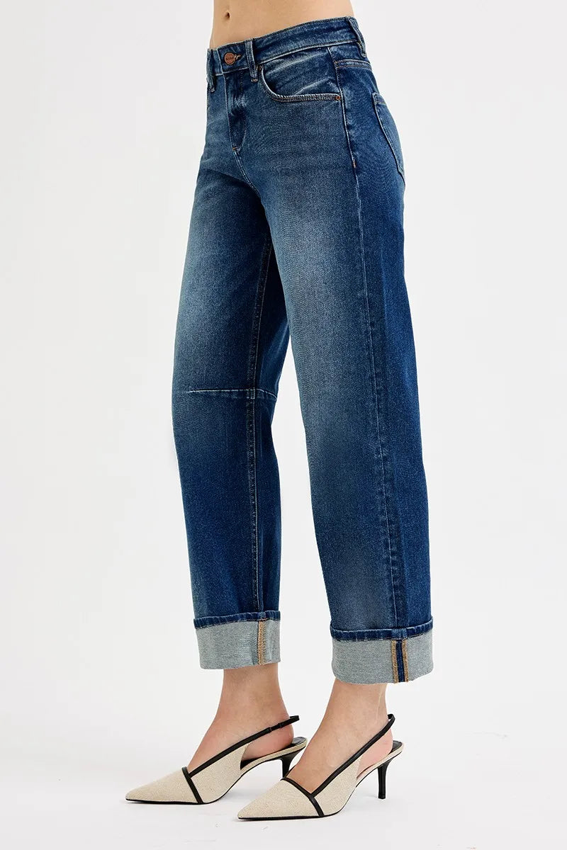 RISEN Slouchy Crop Barrel Cuffed Jeans - DARK / 0