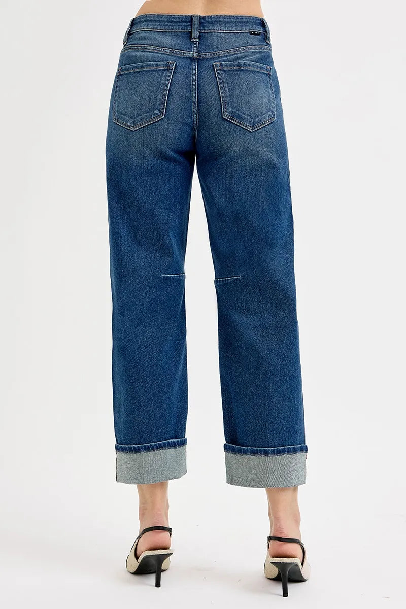 RISEN Slouchy Crop Barrel Cuffed Jeans - DARK / 0