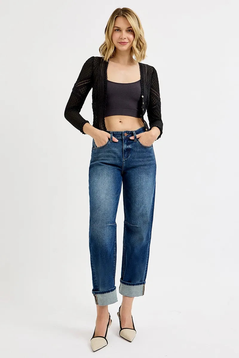RISEN Slouchy Crop Barrel Cuffed Jeans - DARK / 0
