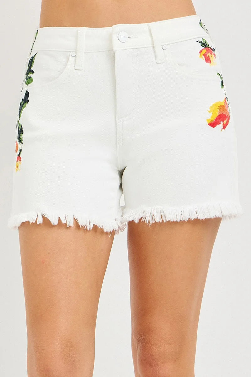RISEN Tummy Control High Rise Flower Printed Shorts - WHITE / S