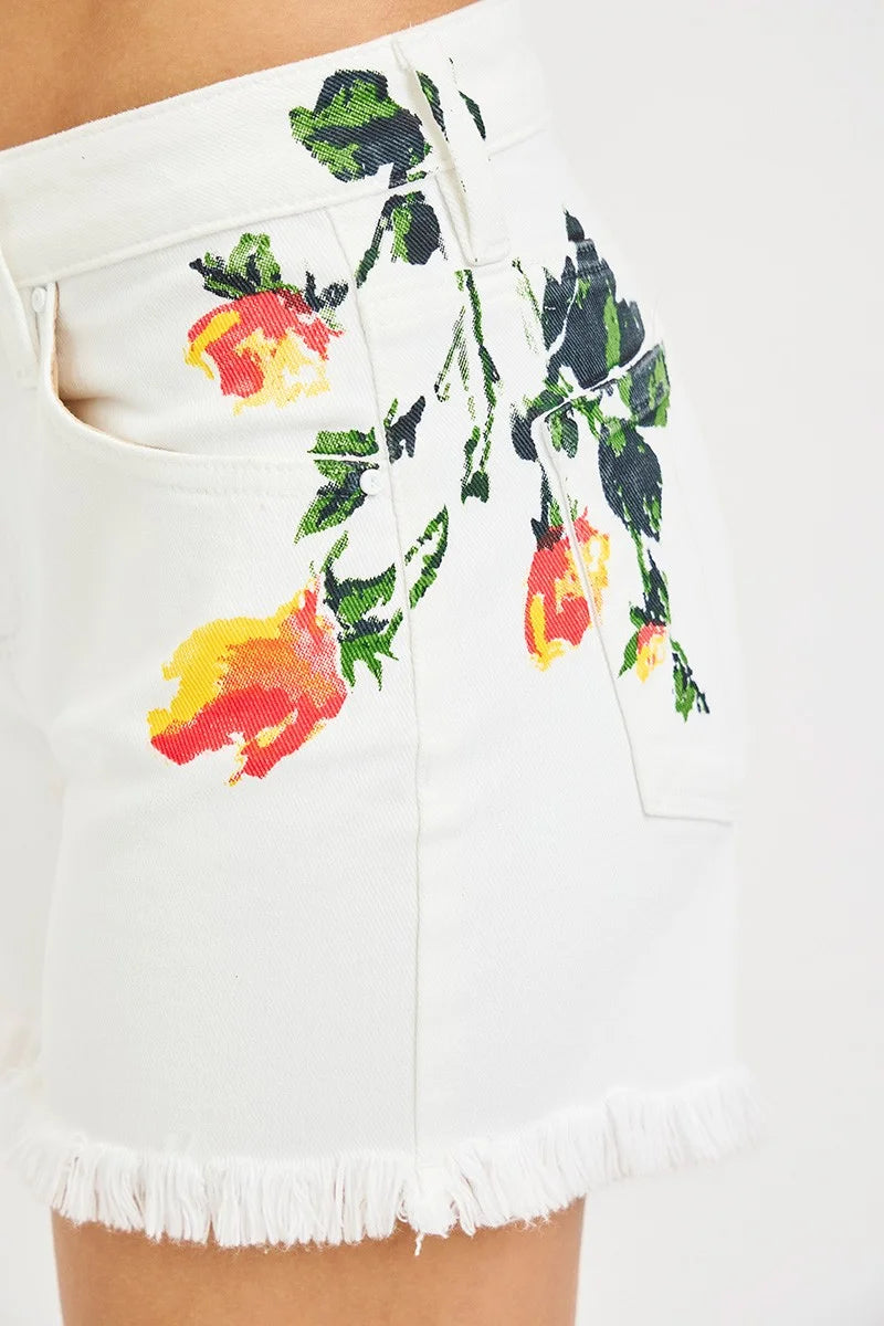 RISEN Tummy Control High Rise Flower Printed Shorts - WHITE / S