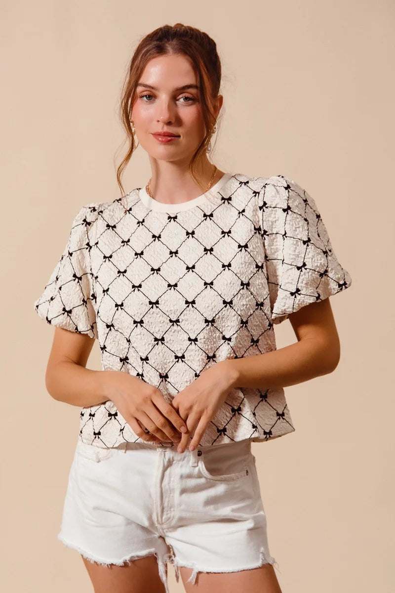 SO ME Bow Texture Woven Bubble Sleeve Top - IVORY / S