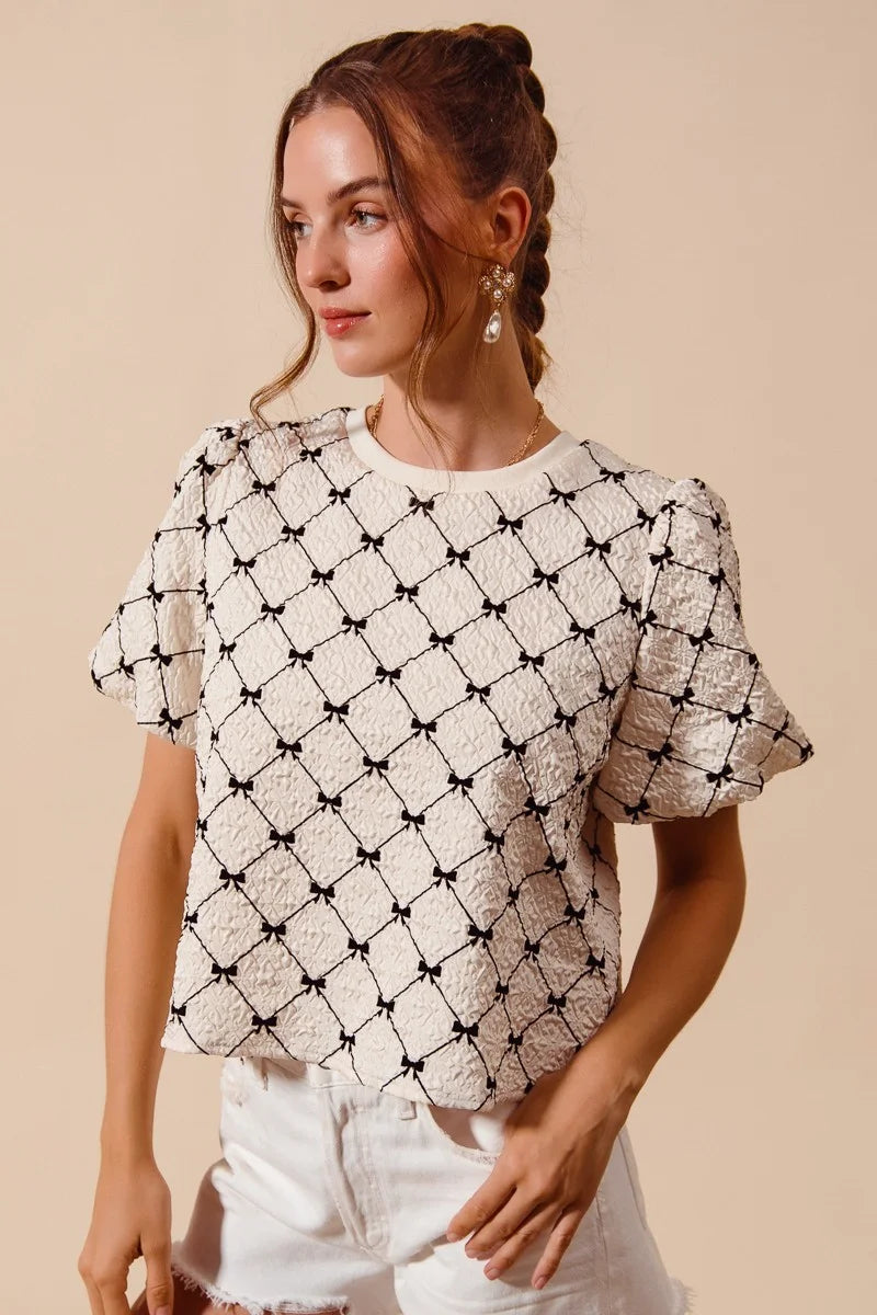 SO ME Bow Texture Woven Bubble Sleeve Top - IVORY / S