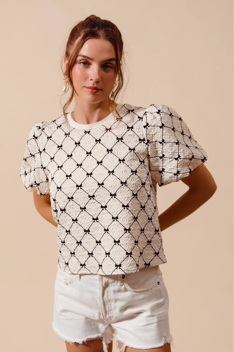 SO ME Bow Texture Woven Bubble Sleeve Top - IVORY / S