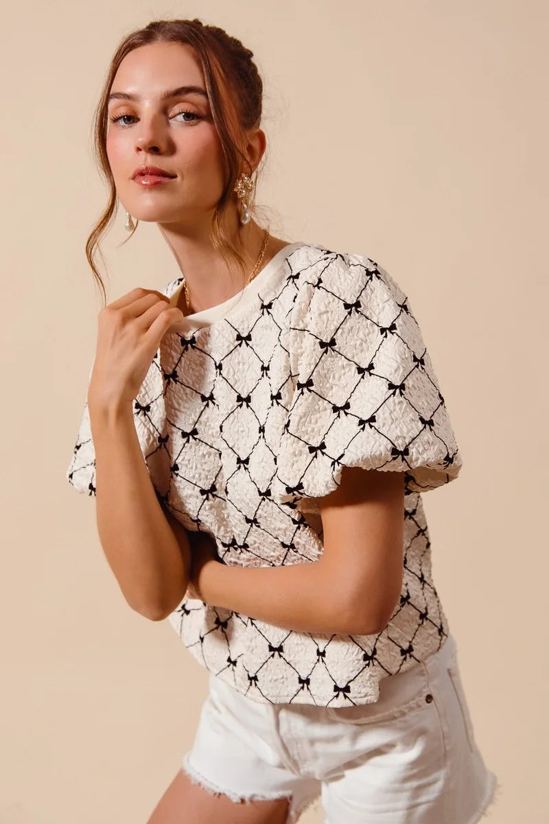 SO ME Bow Texture Woven Bubble Sleeve Top - IVORY / S