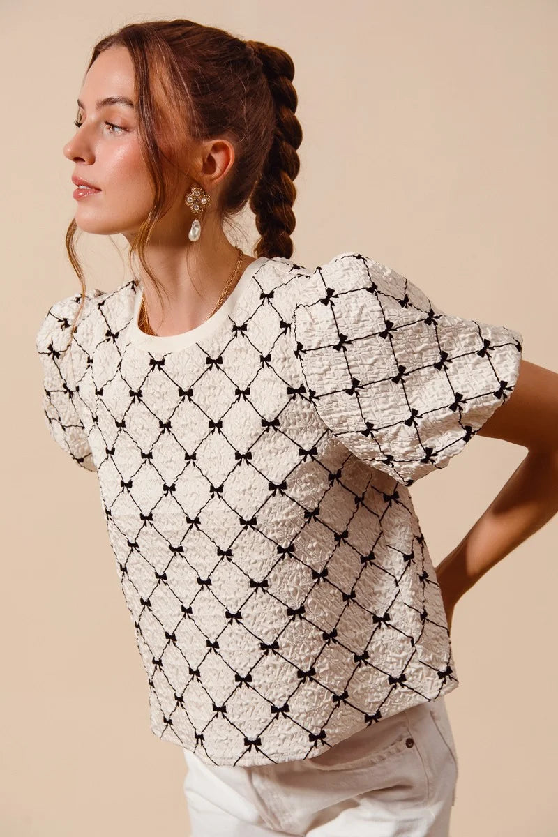 SO ME Bow Texture Woven Bubble Sleeve Top - IVORY / S