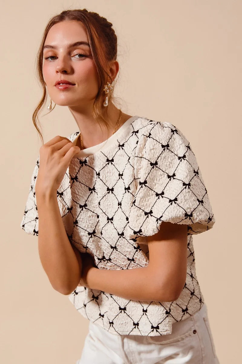 SO ME Bow Texture Woven Bubble Sleeve Top - IVORY / S