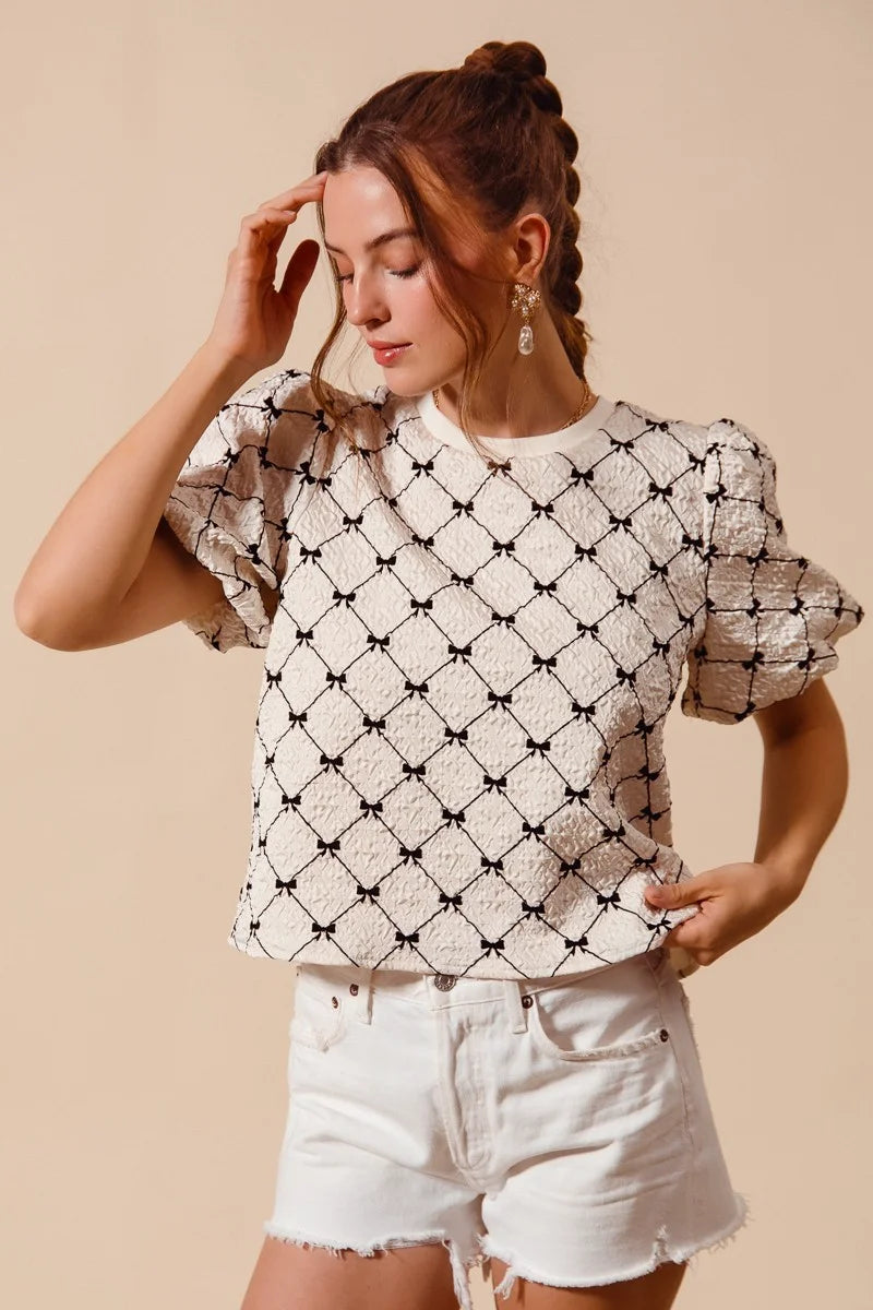 SO ME Bow Texture Woven Bubble Sleeve Top - IVORY / S