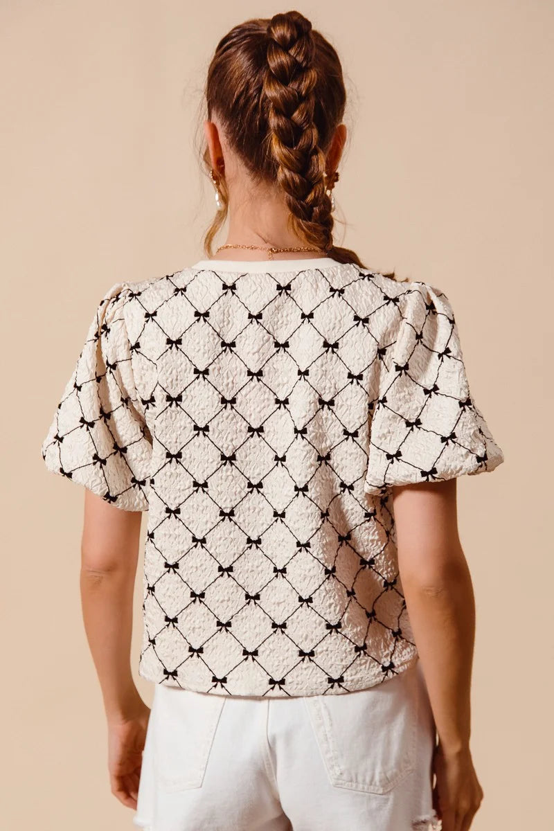 SO ME Bow Texture Woven Bubble Sleeve Top - IVORY / S