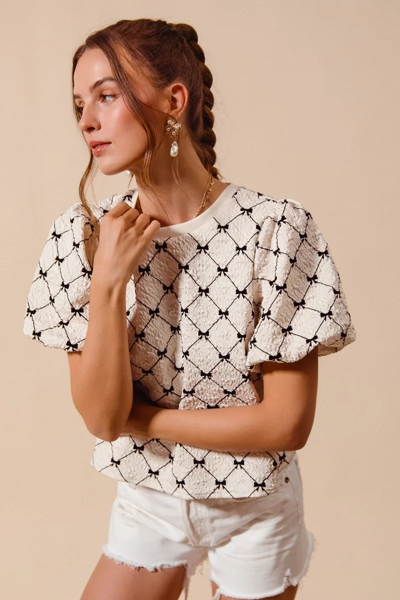SO ME Bow Texture Woven Bubble Sleeve Top - IVORY / S