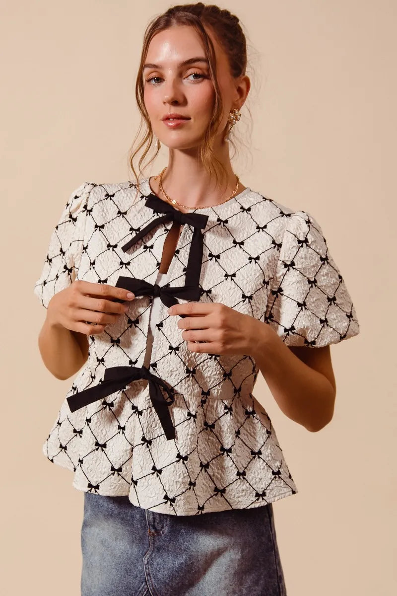 SO ME Bow Texture Woven Peplum Top With Contrast Tie - IVORY / S