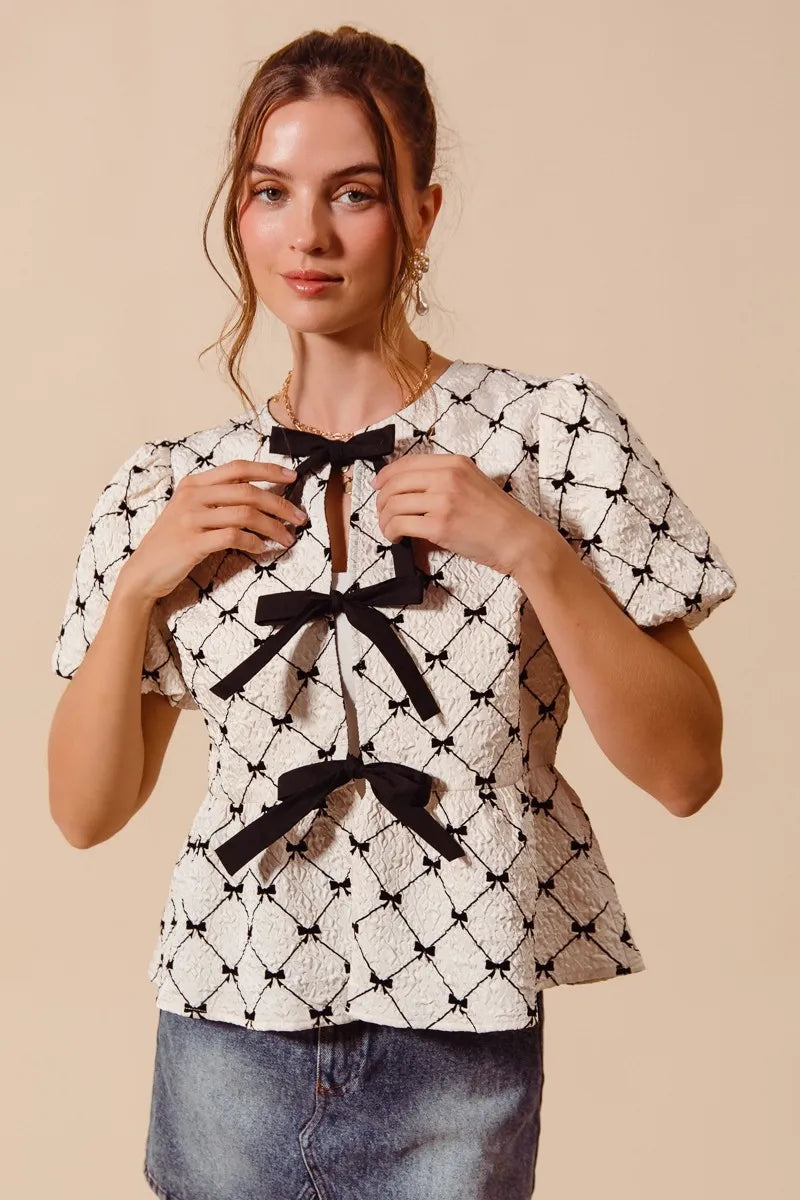 SO ME Bow Texture Woven Peplum Top With Contrast Tie - IVORY / S