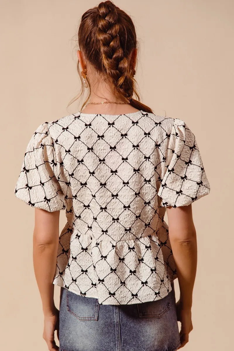 SO ME Bow Texture Woven Peplum Top With Contrast Tie - IVORY / S